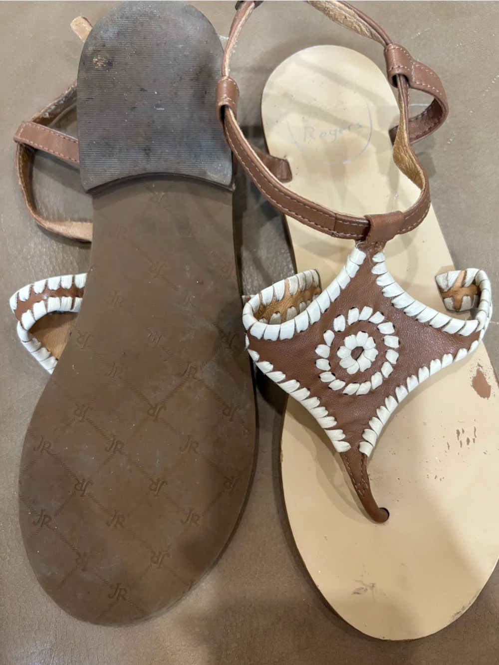 Jack Rogers Tan Leather T-strap Sandals with White Whipstitch - Picture 4 of 8